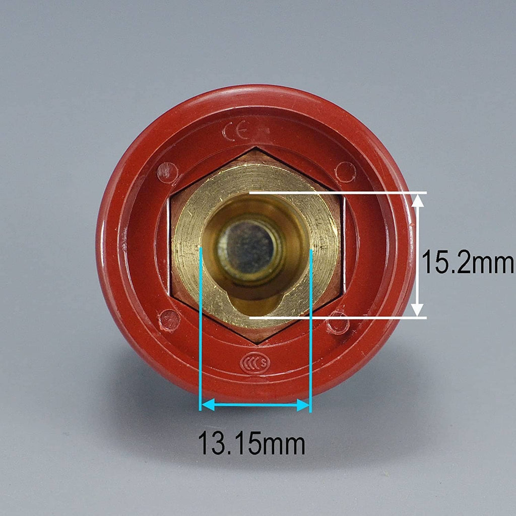 Red TIG welding cable socket connector with brass terminal, top view