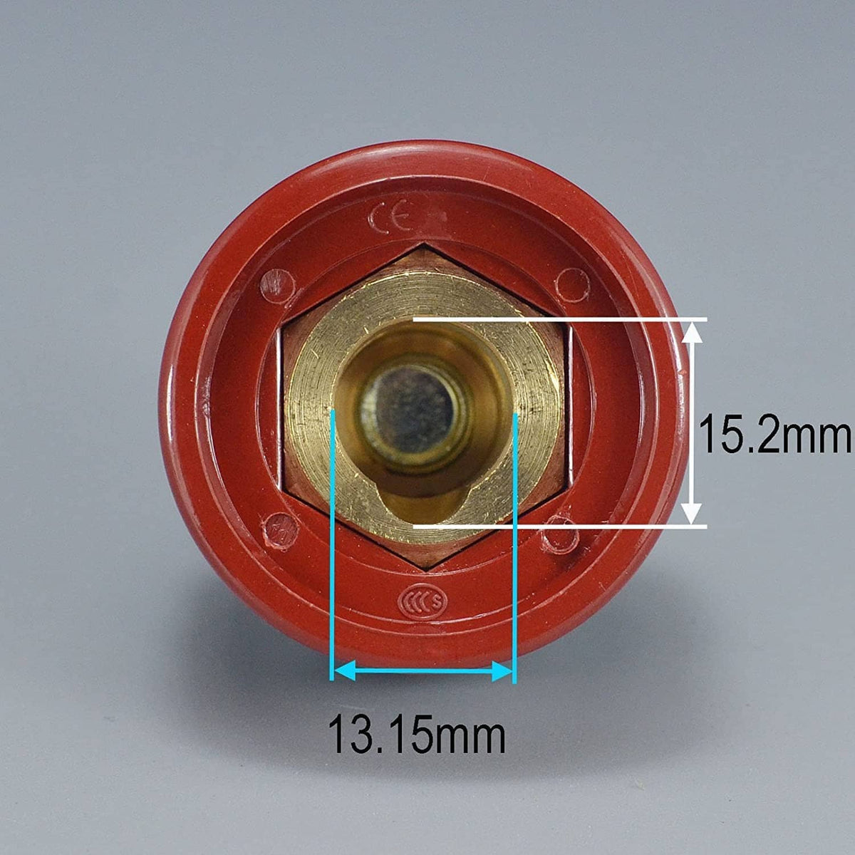 Red TIG welding cable socket connector with brass terminal, top view
