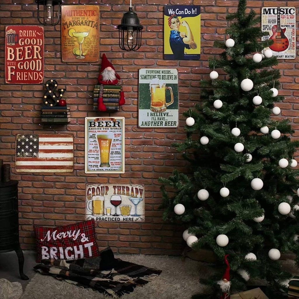 Christmas wall decor with vintage metal signs, including Merry & BRIGHT