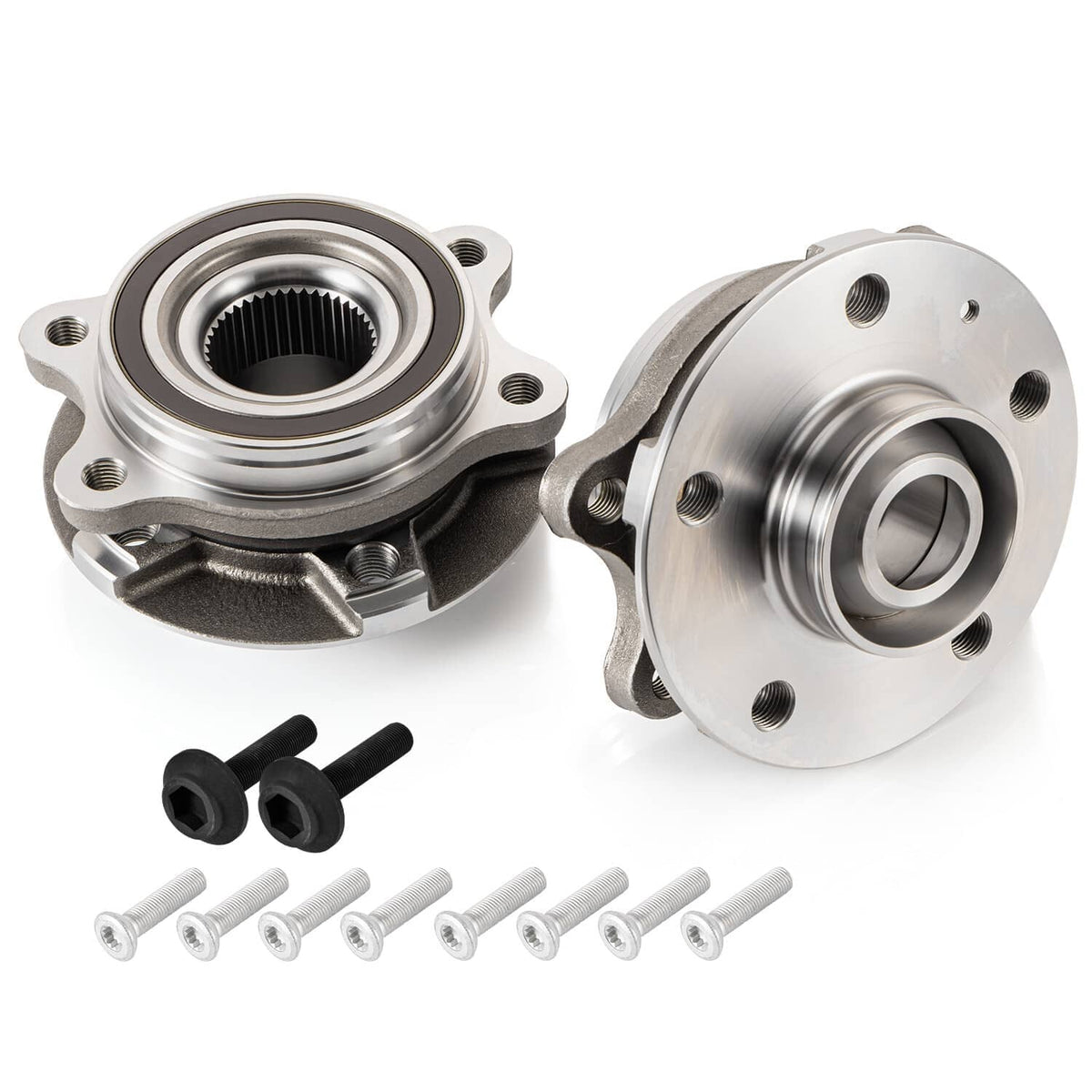 Wheel hub bearing pair with metal flanges, black caps and bolt set