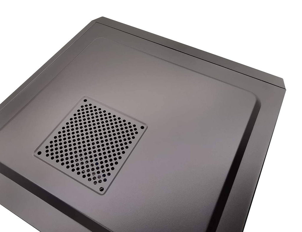 PC case dust filter screen with square perforated mesh insert on dark frame