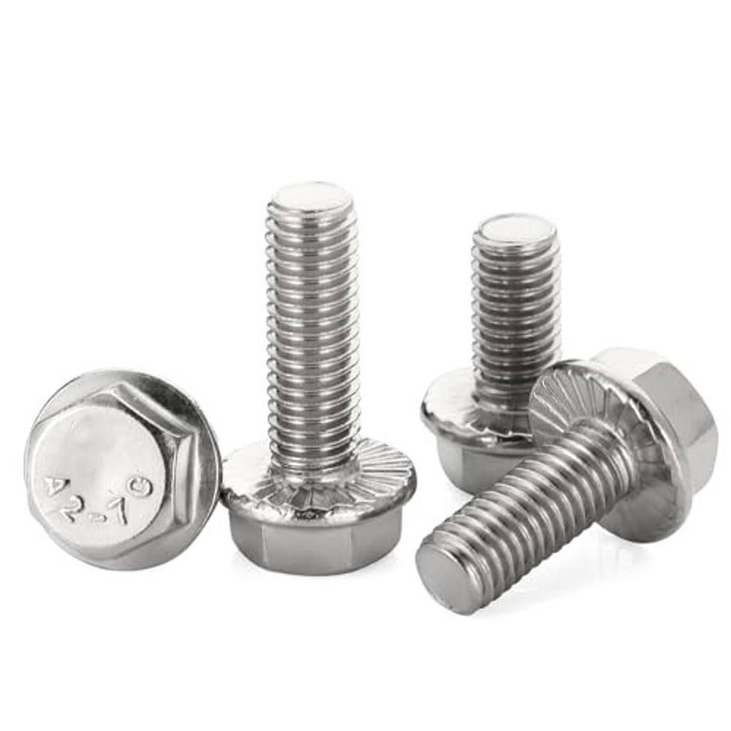 Silver flanged hex head bolts, three fasteners with hex flange heads