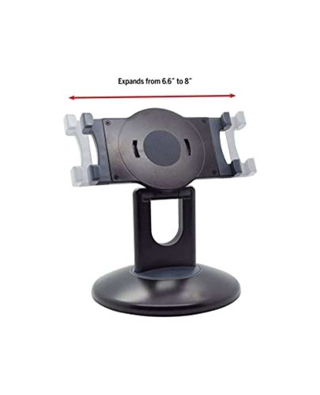 Tablet stand clamp assembly with circular pad and adjustable arms above the base