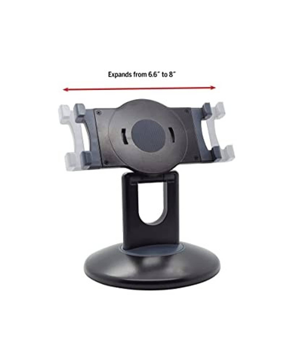 Tablet stand clamp assembly with circular pad and adjustable arms above the base
