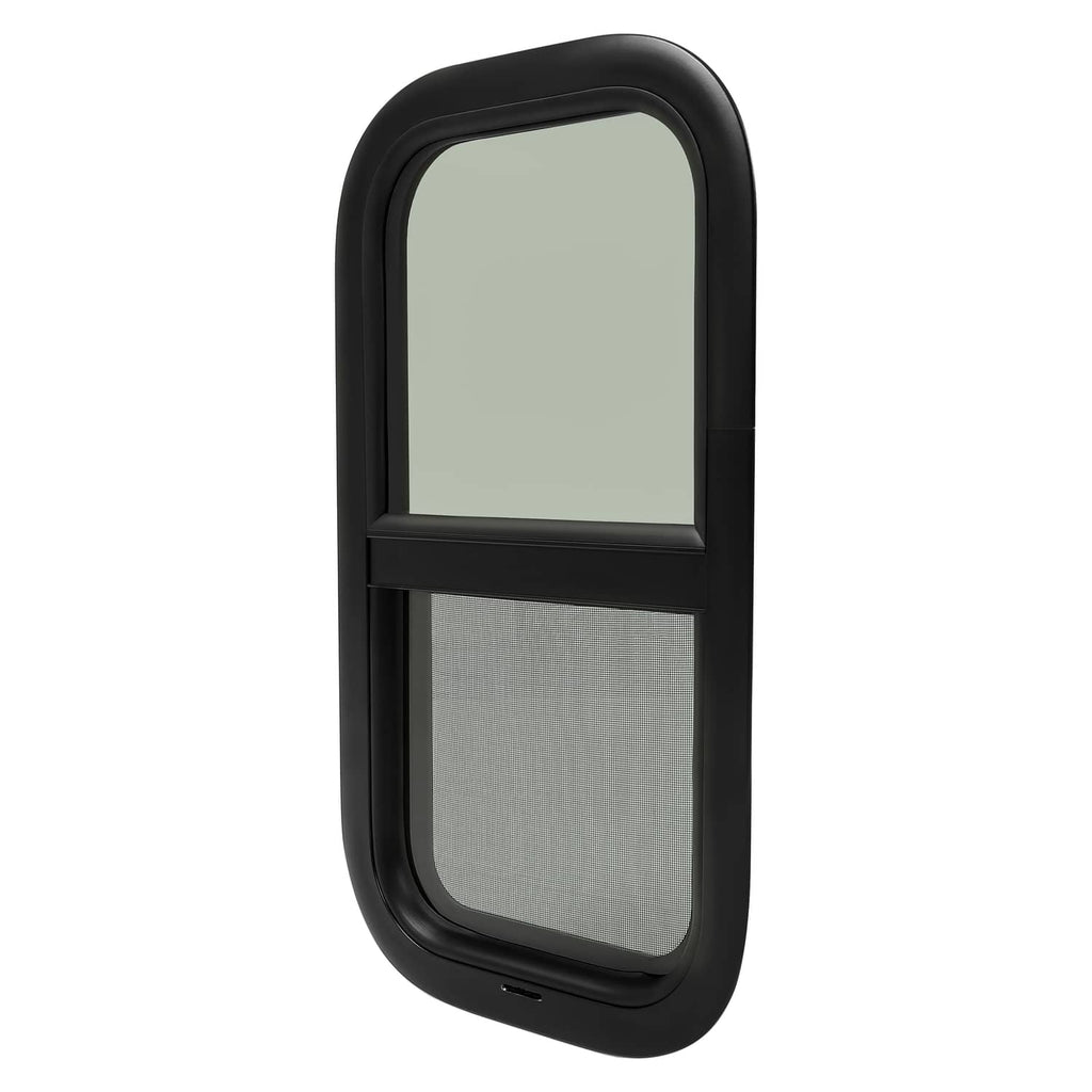 Tinted RV glass window with black arched frame, upper tinted panel and lower mesh screen