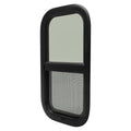 Tinted RV glass window with black arched frame, upper tinted panel and lower mesh screen