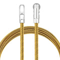 Gold coiled wire fish tape with silver puller handle ends, compact close-up.