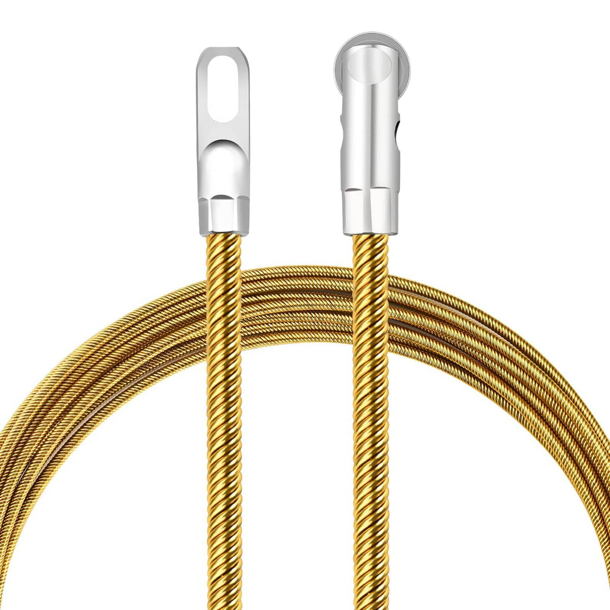 Gold coiled wire fish tape with silver puller handle ends, compact close-up.