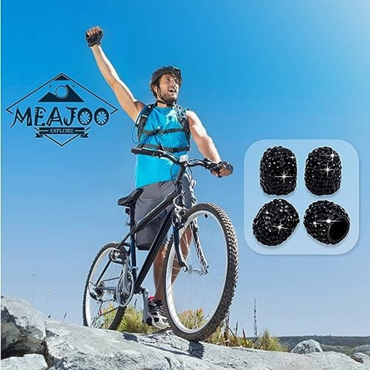 Four black rhinestone tire valve caps with faceted crystal pattern and open ends