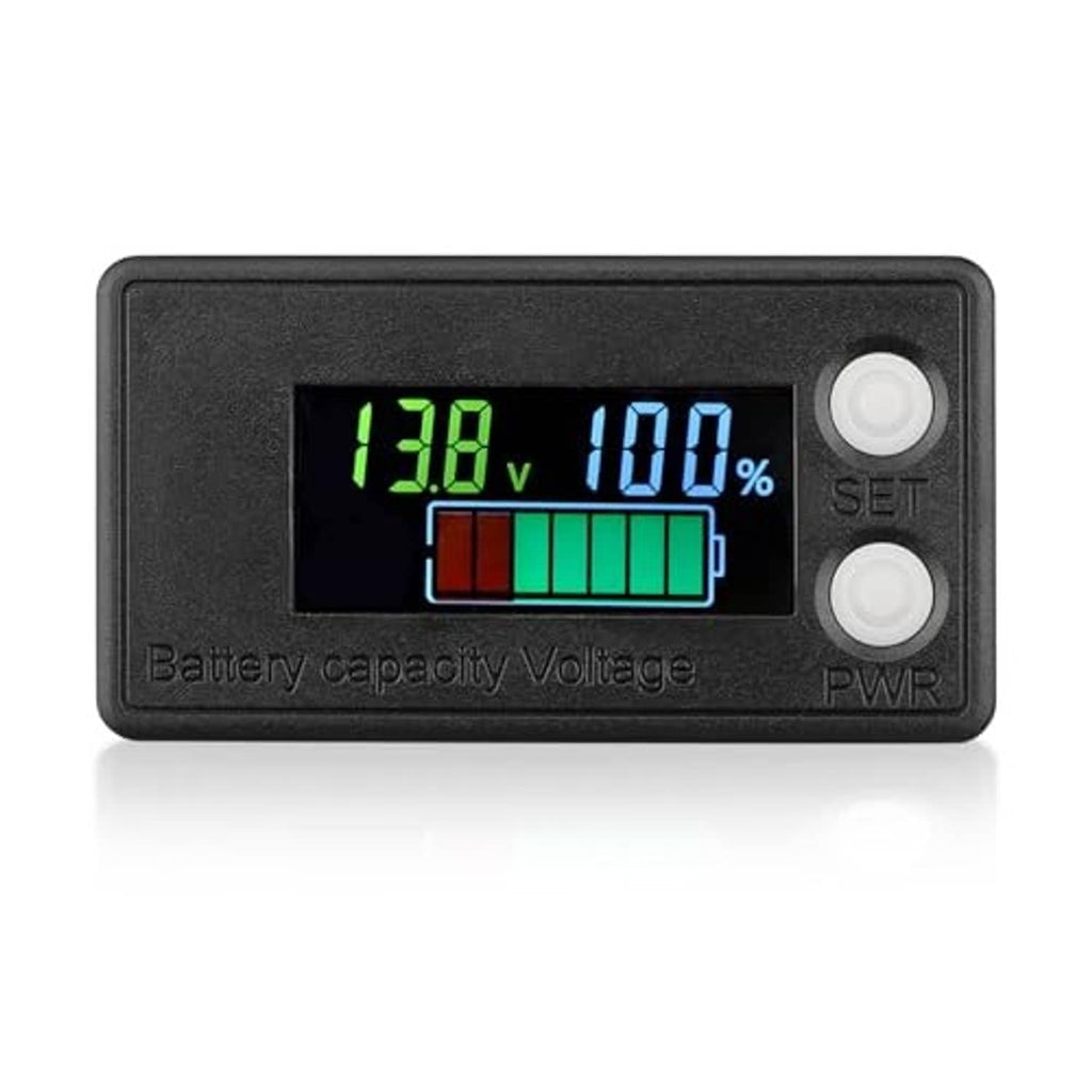 Black battery monitor with LCD showing 13.8V, 100%, and two round control buttons