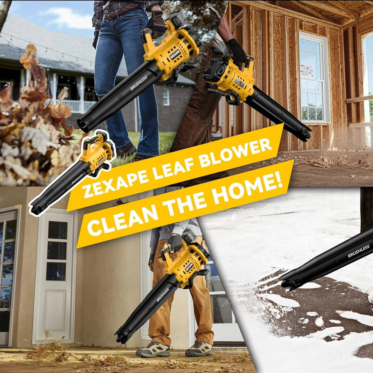 Cordless leaf blower with extended black tube and yellow base for outdoor sweeping