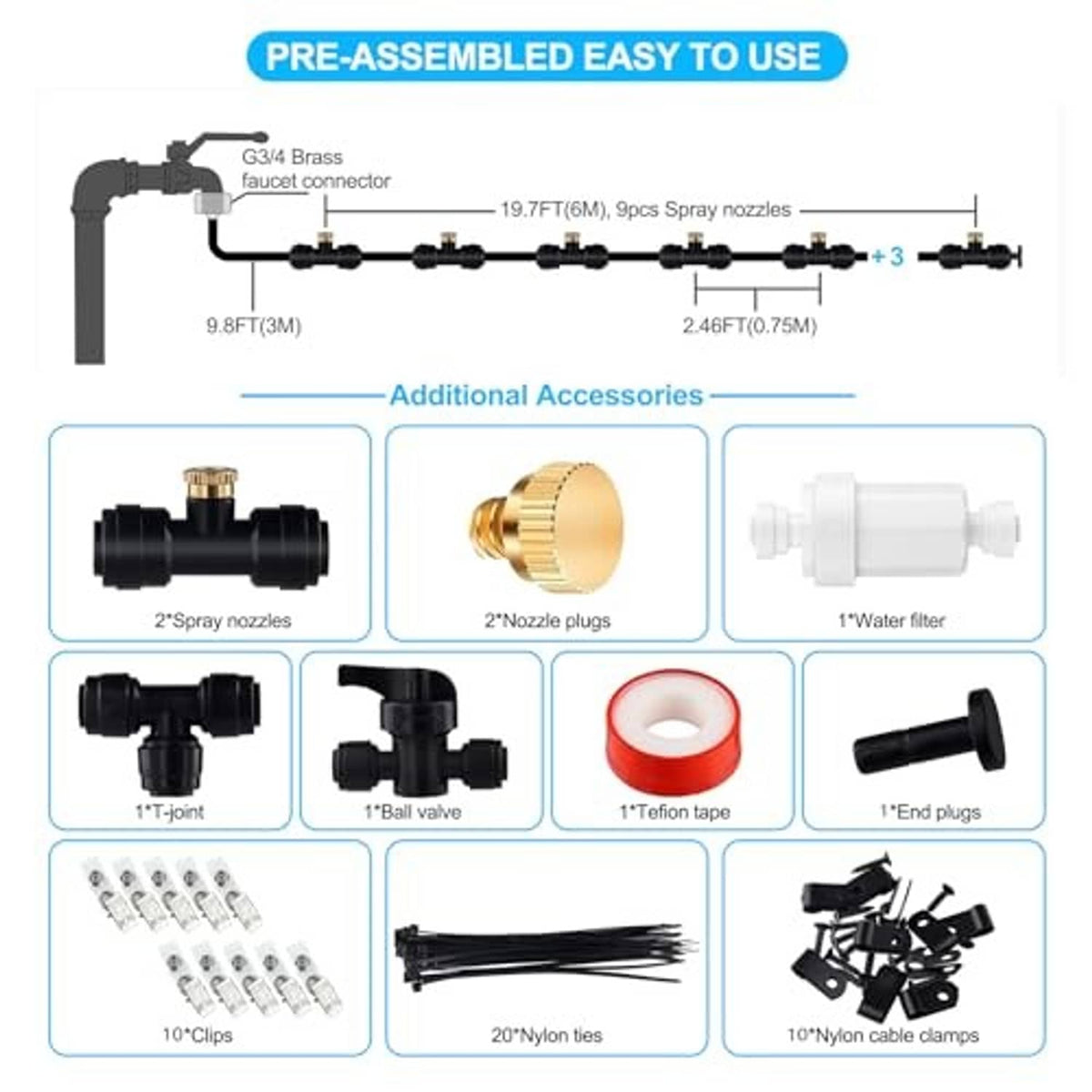 Misting system accessories: spray nozzles, water filter, connectors, clips, cable ties
