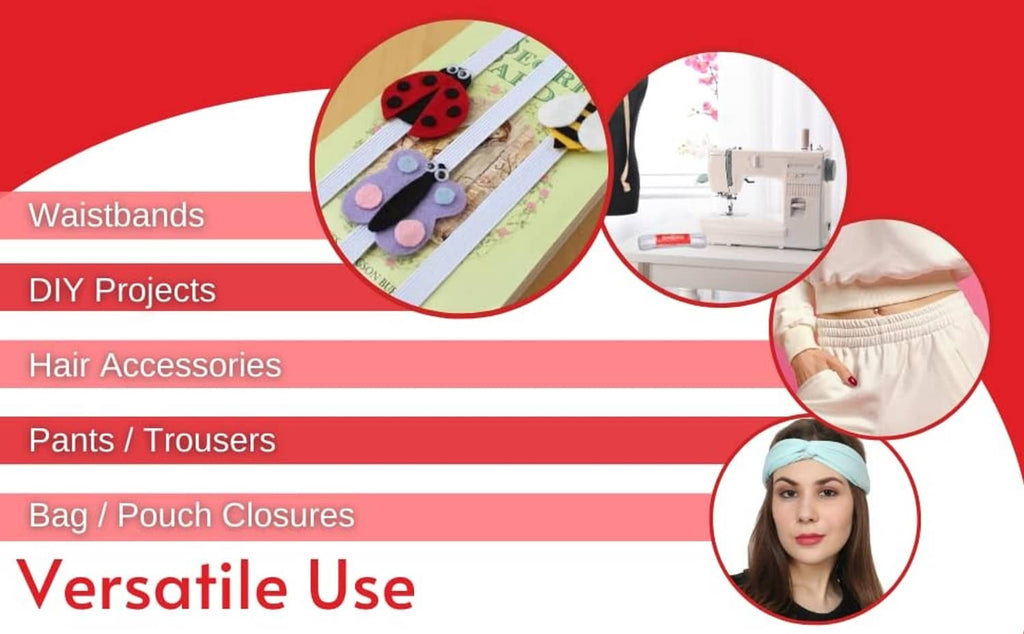 White knit elastic bands with versatile use graphic showing waistband and DIY icons
