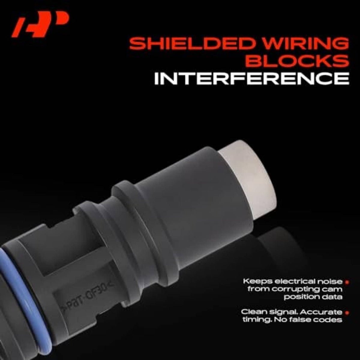 Camshaft position sensor with shielded wiring and white connector end