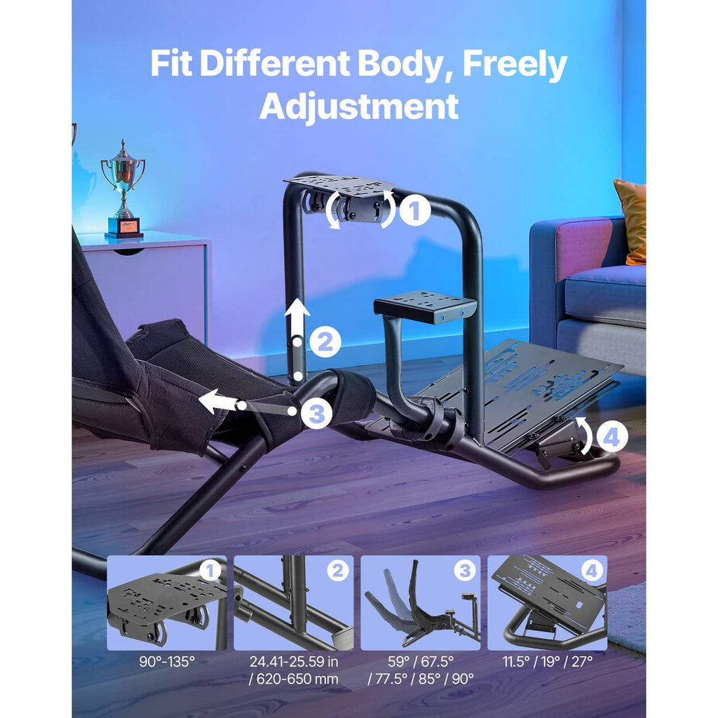 Adjustable racing simulator stand with black seat, wheel mount, and pedal platform.