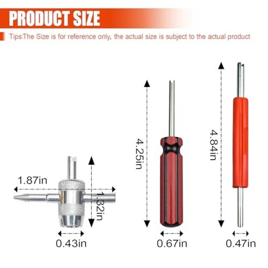 Tire valve core wrench and tire valve stem removal tool with size diagram measurements