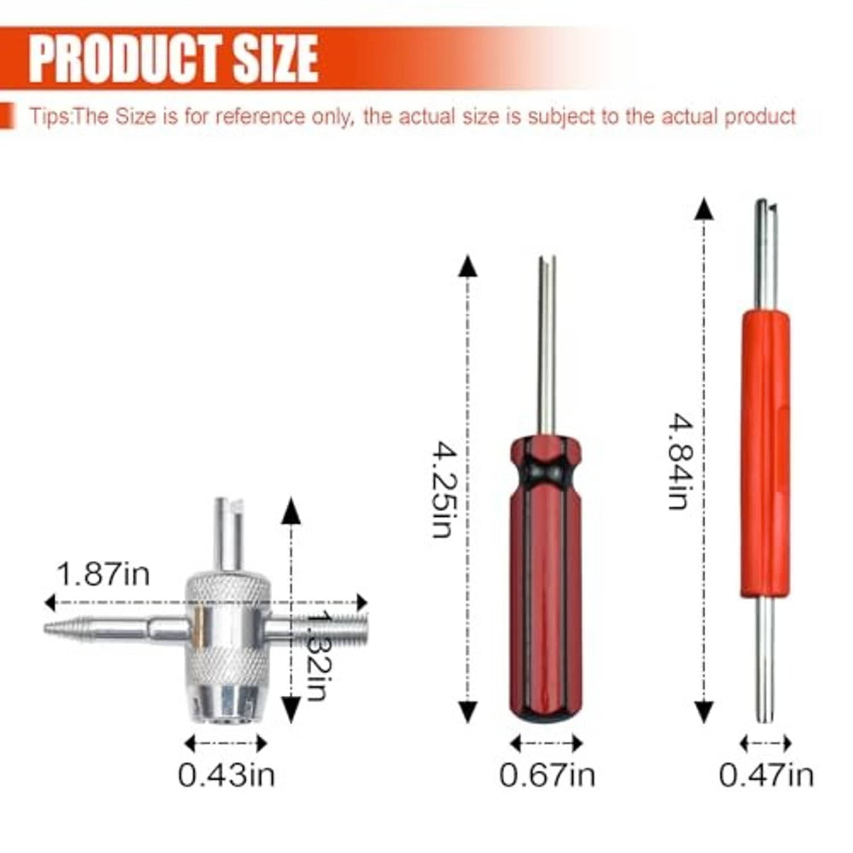Tire valve core wrench and tire valve stem removal tool with size diagram measurements