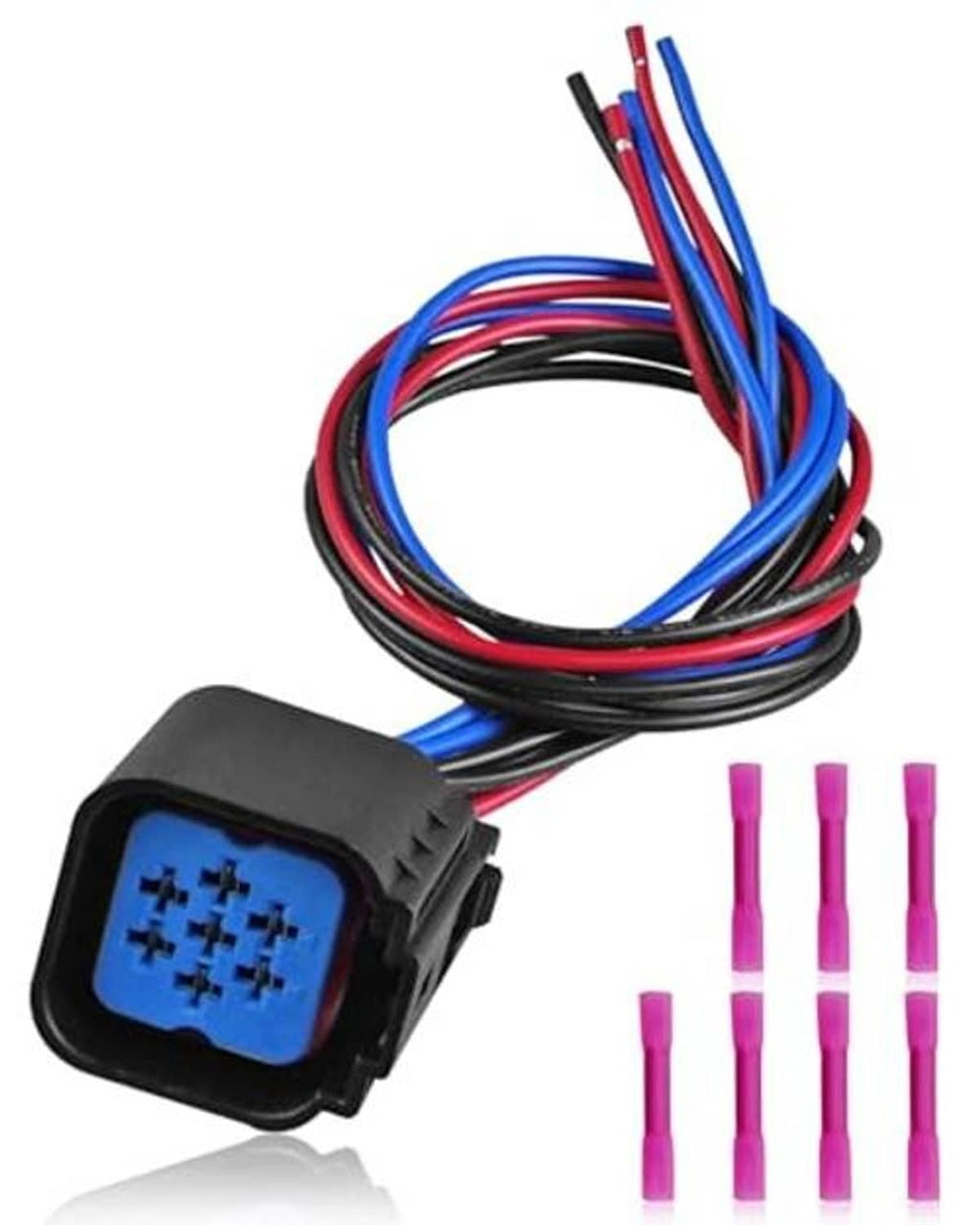 Headlight connector pigtail harness with blue multi-pin plug and red/blue wire leads