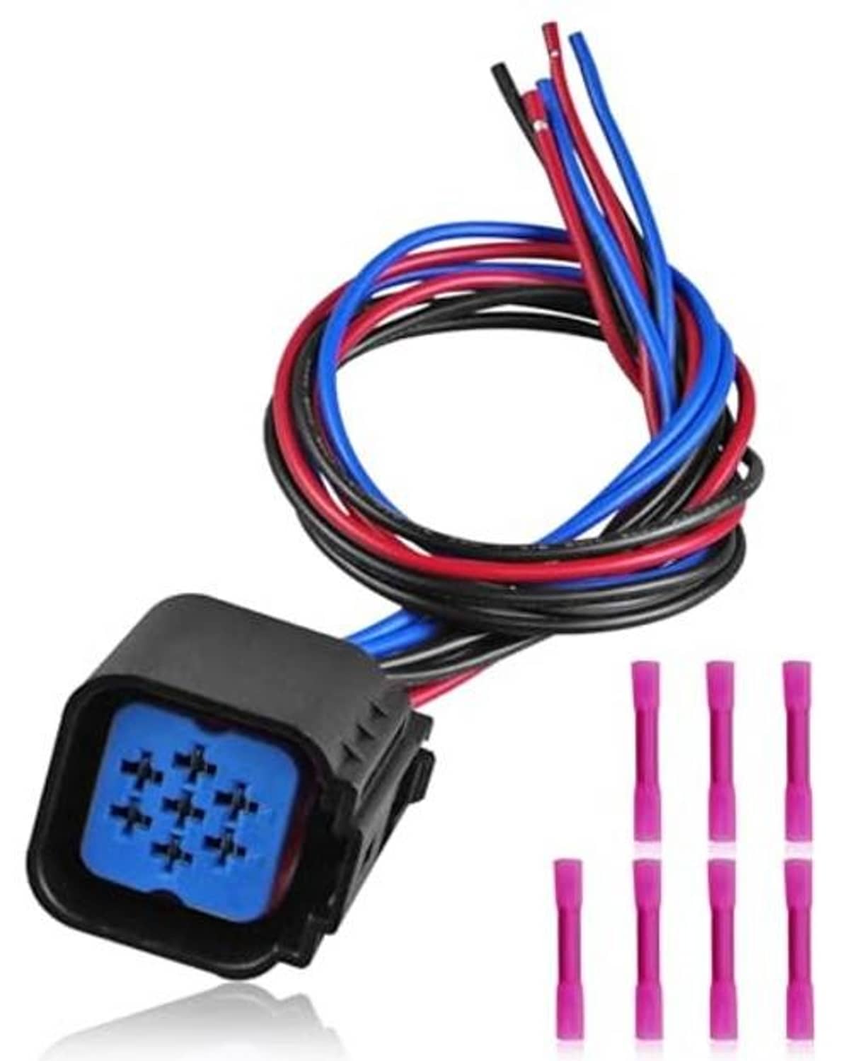 Headlight connector pigtail harness with blue multi-pin plug and red/blue wire leads