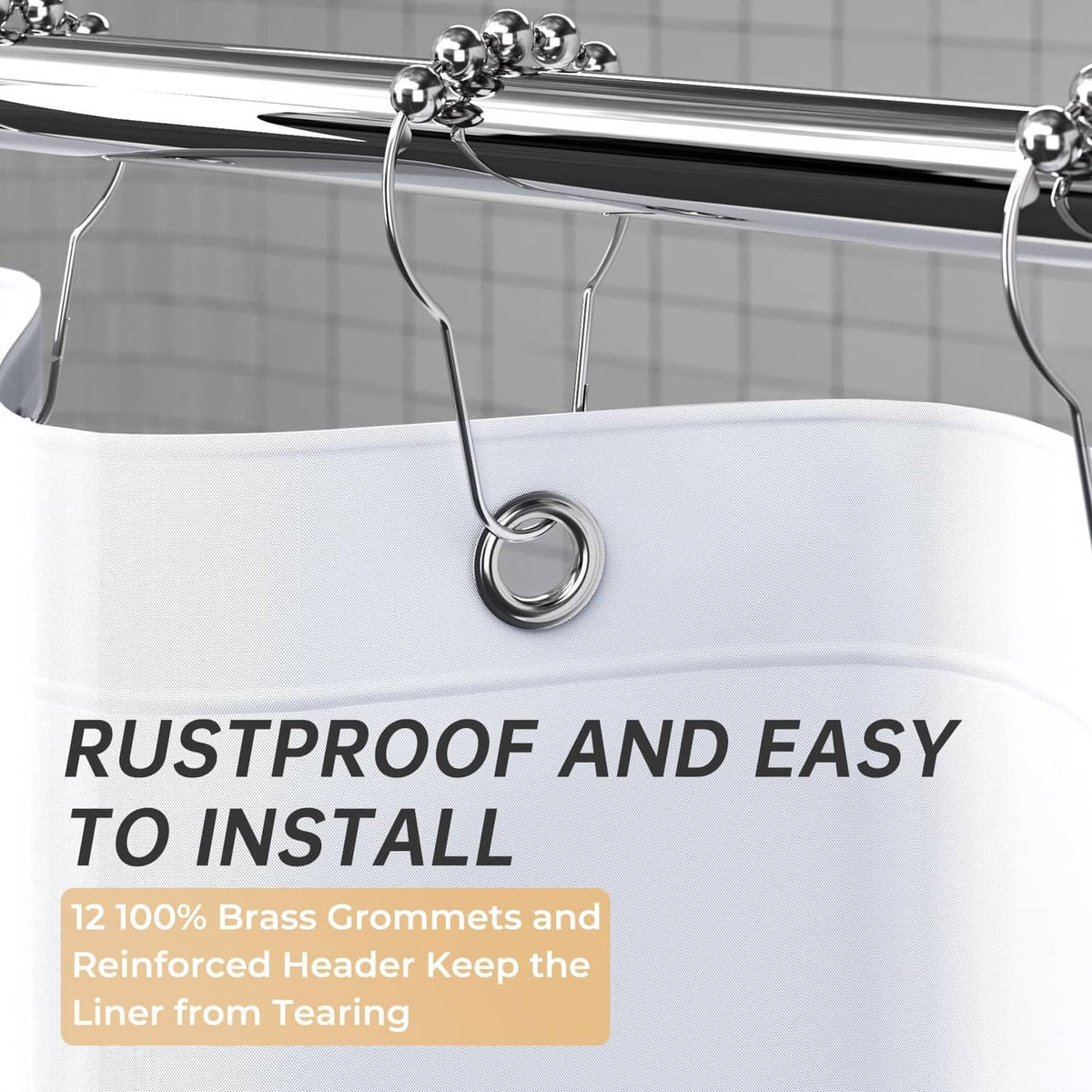 White shower curtain liner with metal grommets on top header for easy hanging