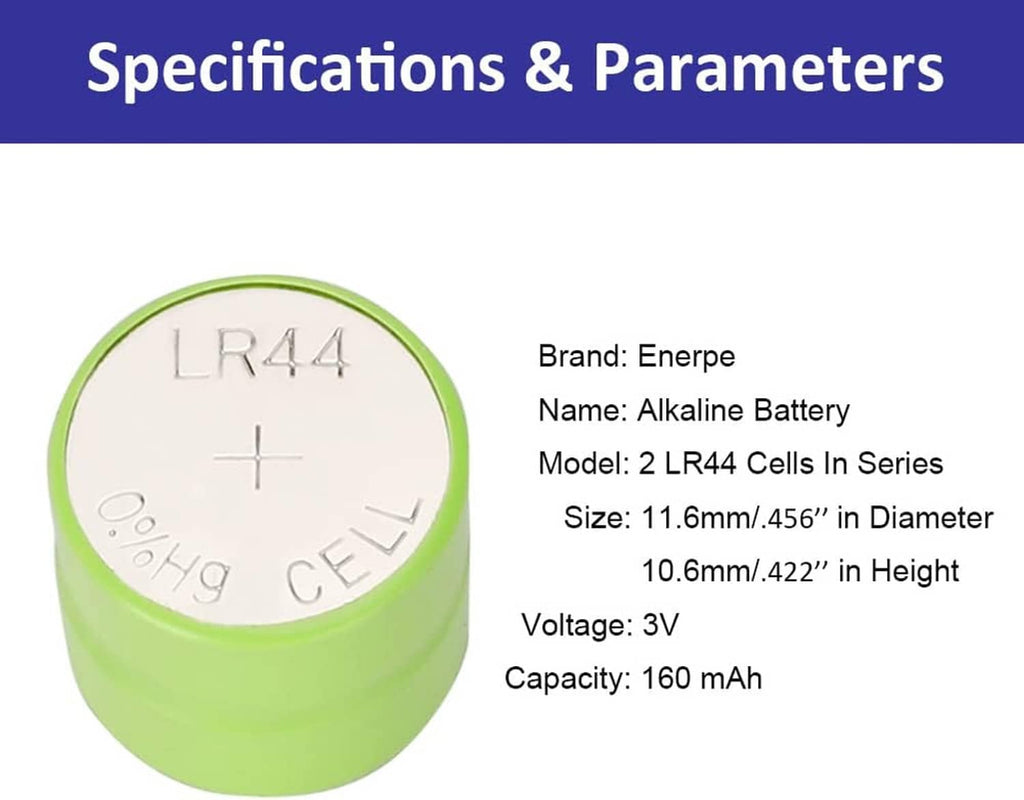 Green alkaline battery with LR44 markings on top and metal terminal base, front view