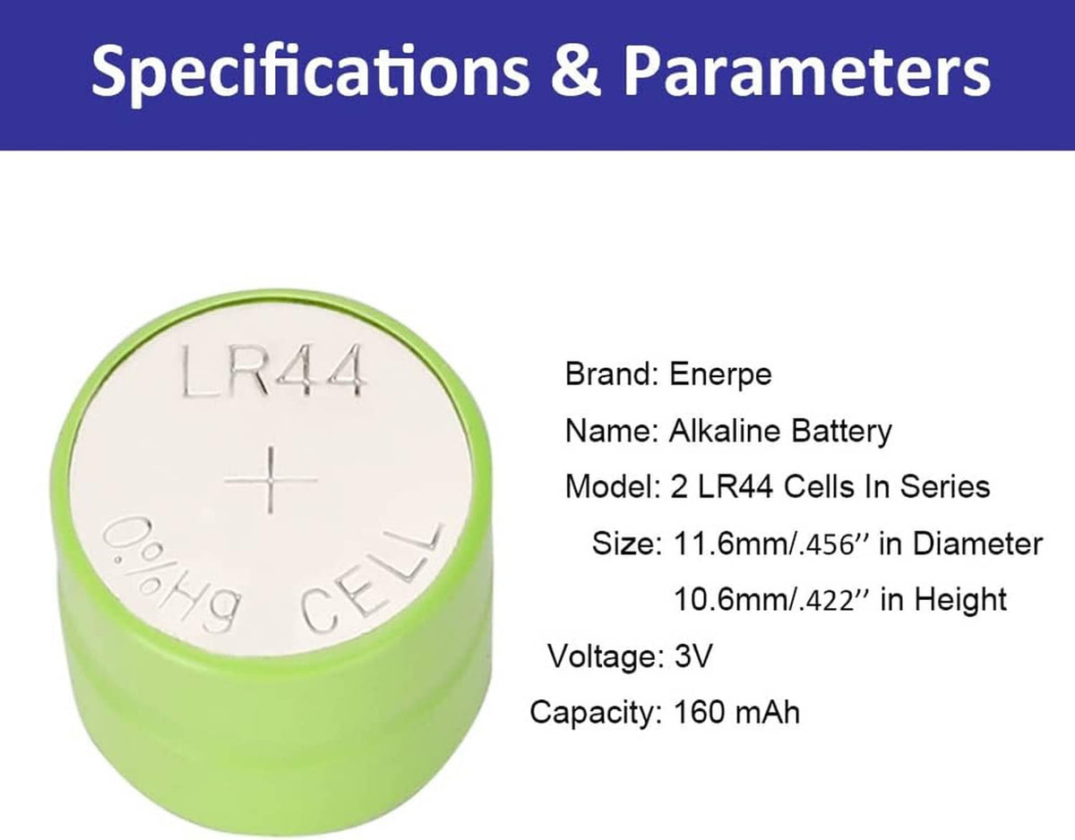 Green alkaline battery with LR44 markings on top and metal terminal base, front view