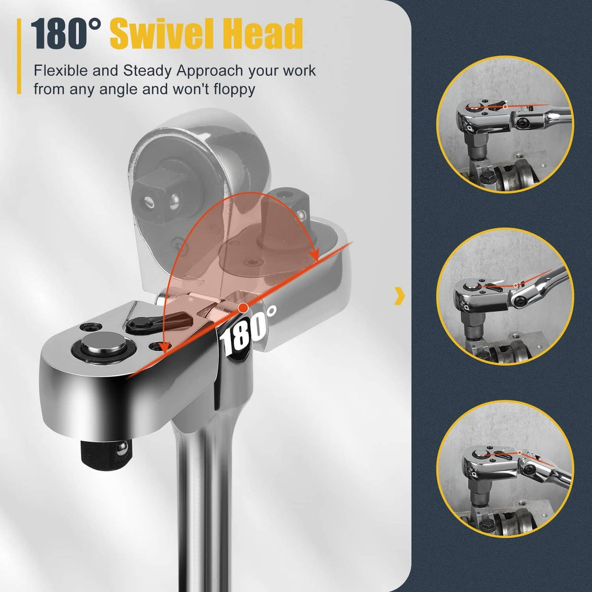 180-degree swivel flex-head ratchet wrench, chrome head and long handle