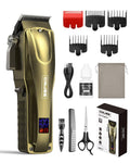 Gold hair clipper with charging cord and guard combs, plus scissors and oil bottle