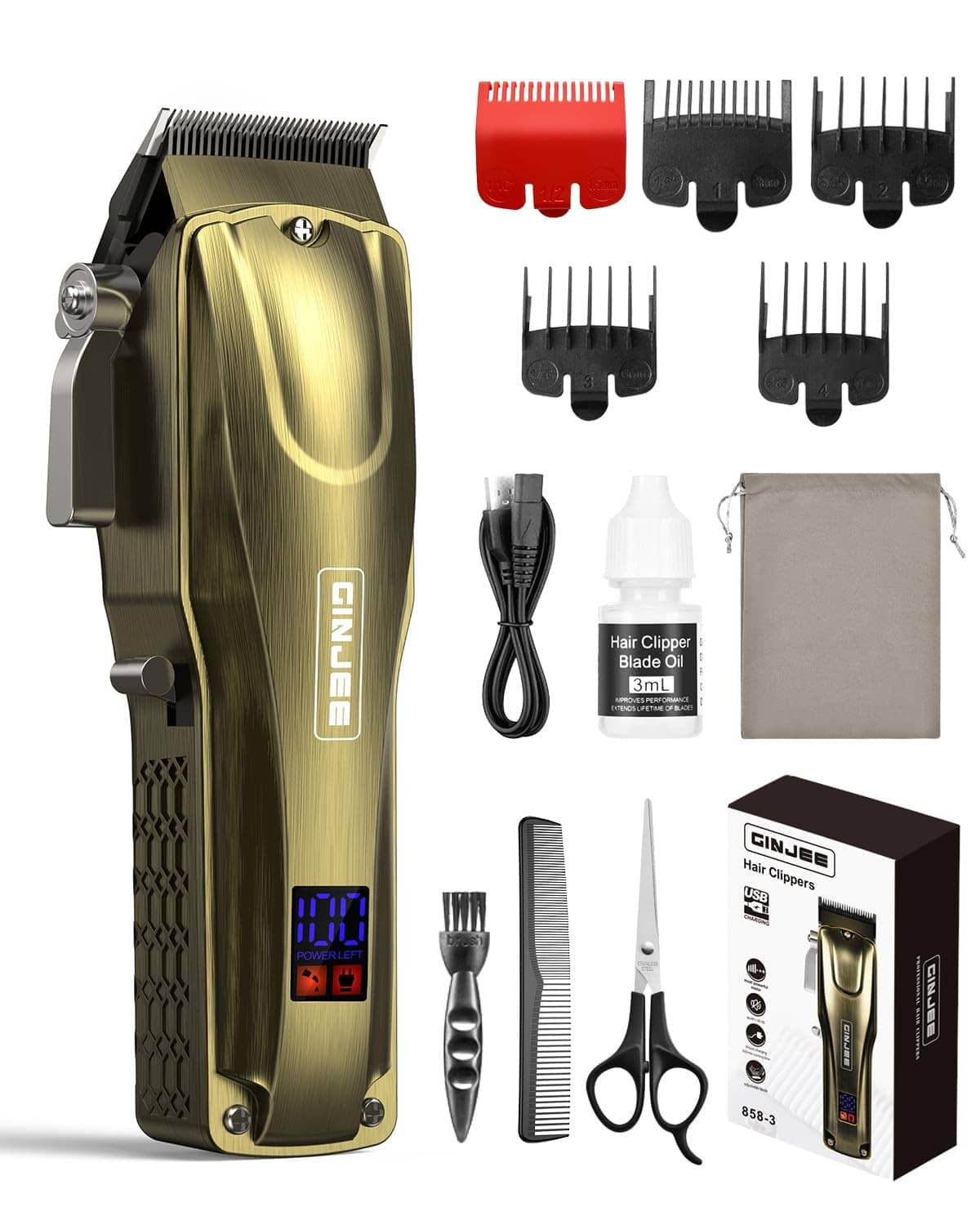 Gold hair clipper with charging cord and guard combs, plus scissors and oil bottle
