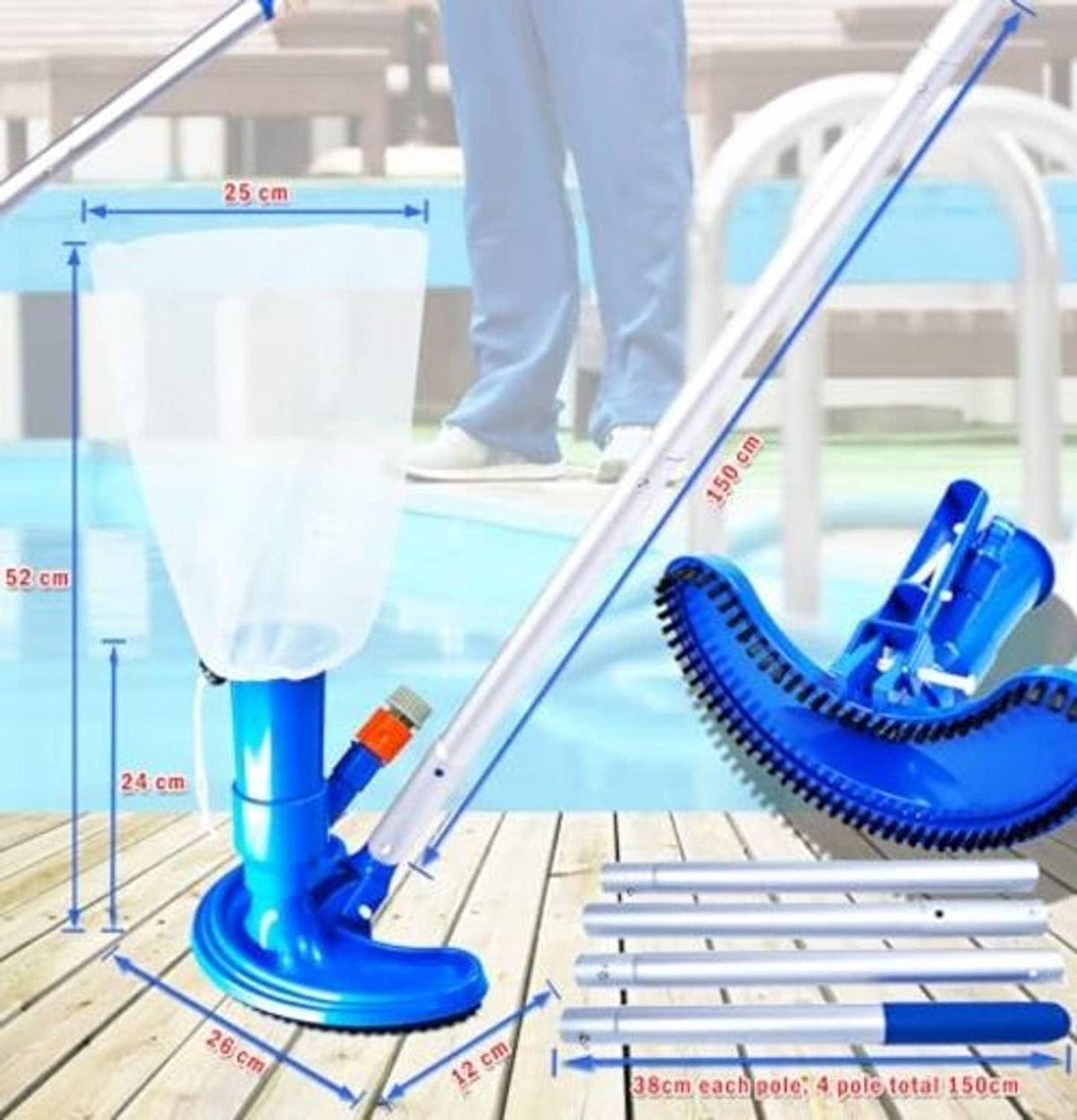 Pool vacuum cleaner with blue suction head, mesh bag, and telescopic pole segments