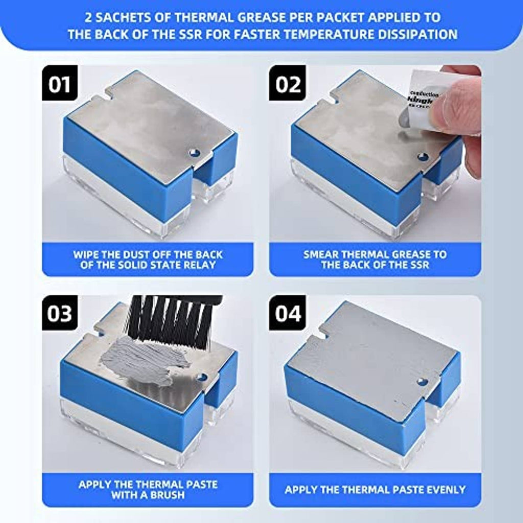 Heat sink installation steps showing thermal grease applied to solid state relay back