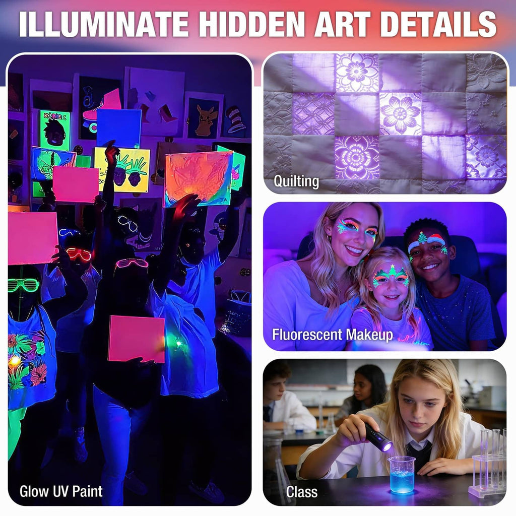 UV blacklight illuminating hidden art details collage with glow paint, quilt, and makeup effects
