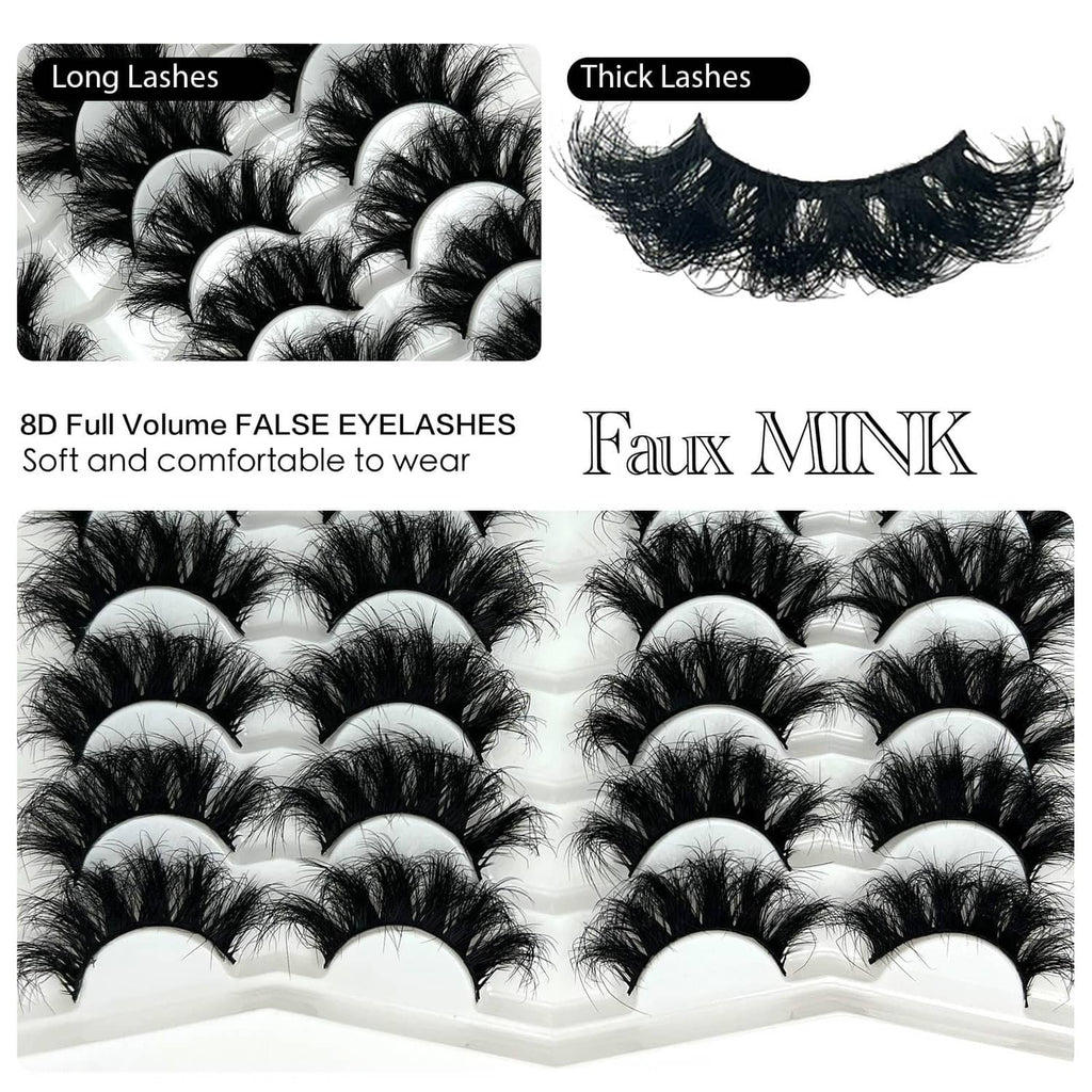 Black faux mink false lashes, long and thick wispy clusters on tray