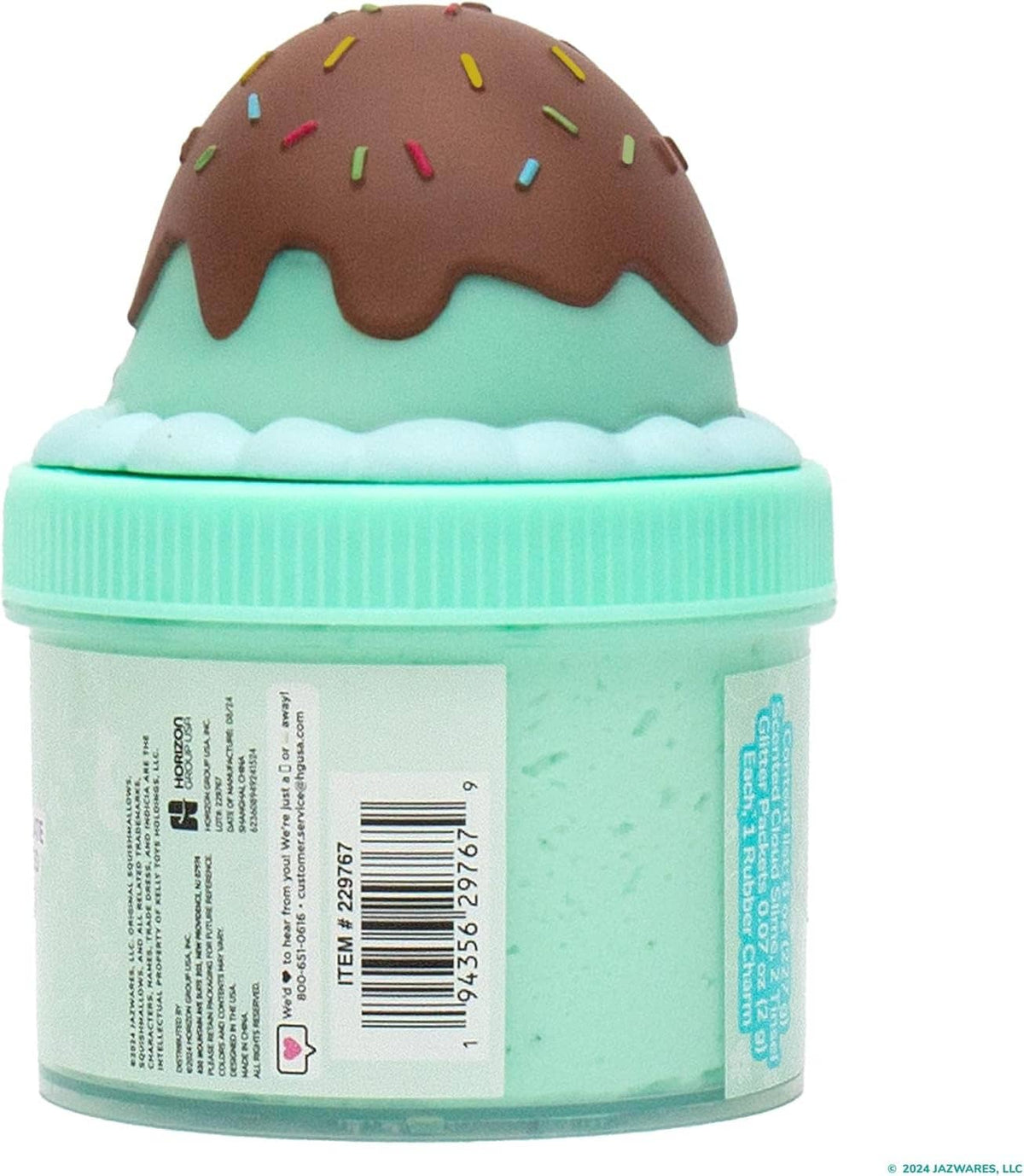 Teal cloud slime jar back with barcode and warning label, includes Maya charm