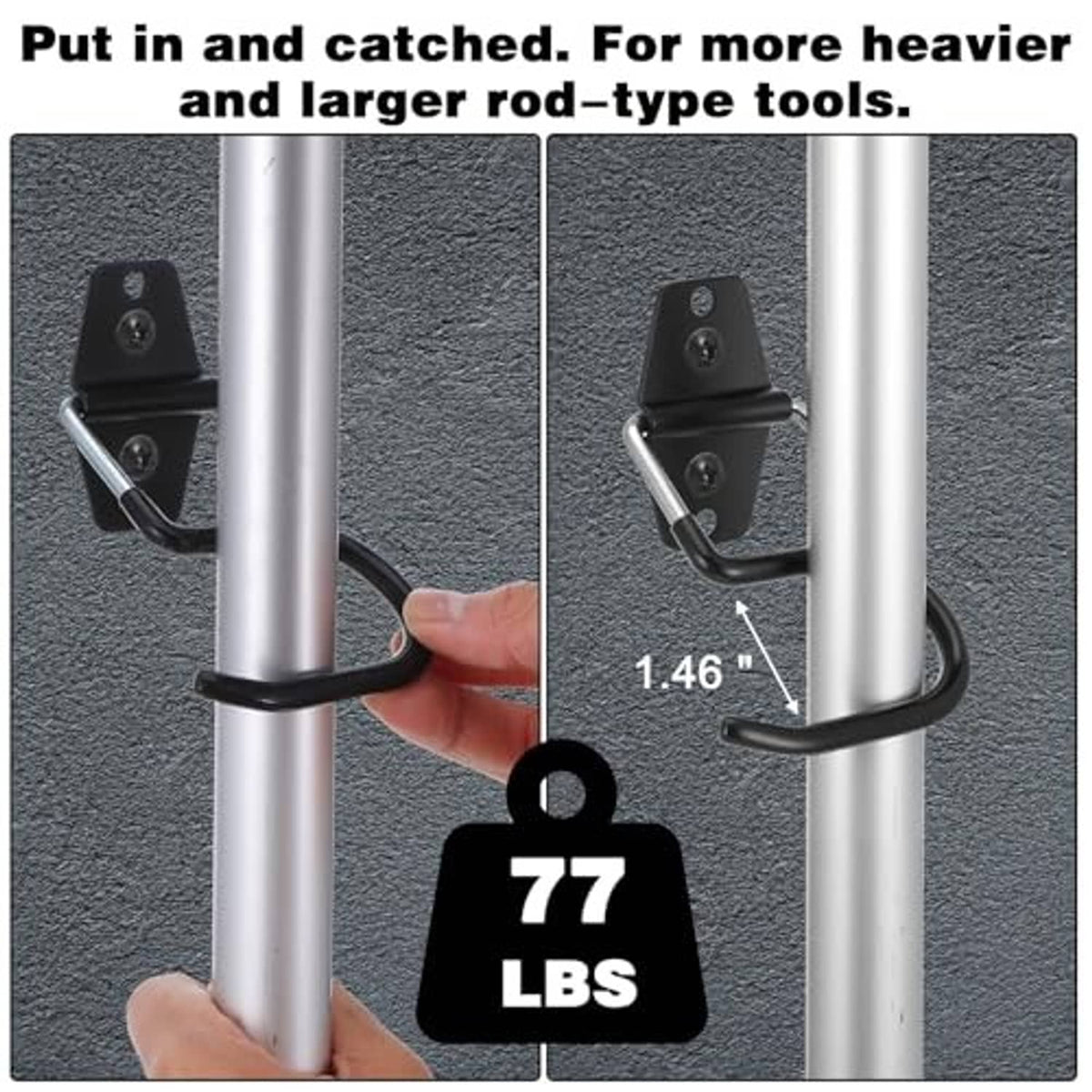 Black rubber-coated S hook broom holder with strong grip on a vertical pole