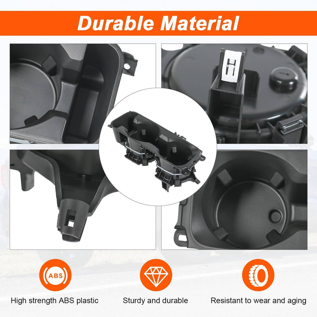 Black two-cup center console cup holder insert detail view with molded mounting clips