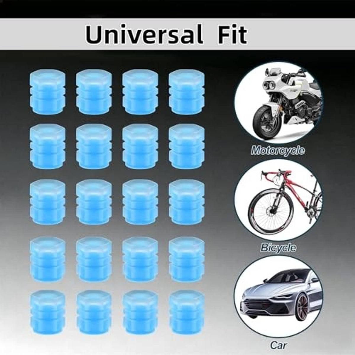 Blue translucent tire valve caps arranged in rows for universal wheel fit