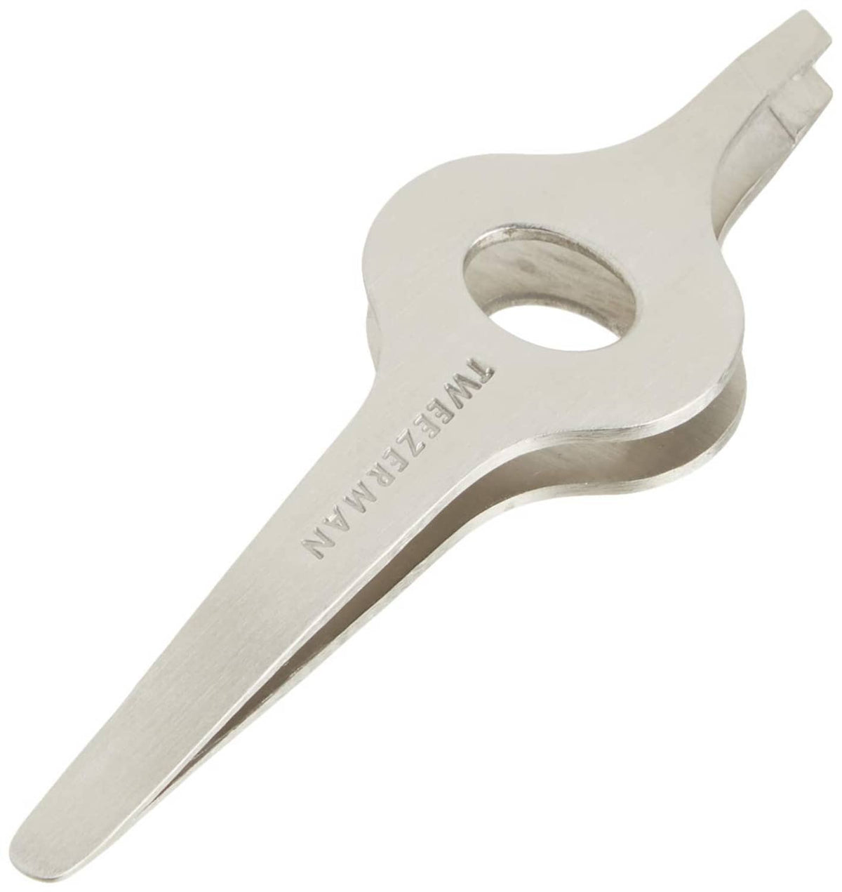 Silver slant tweezer with wide grip handle and ring for control