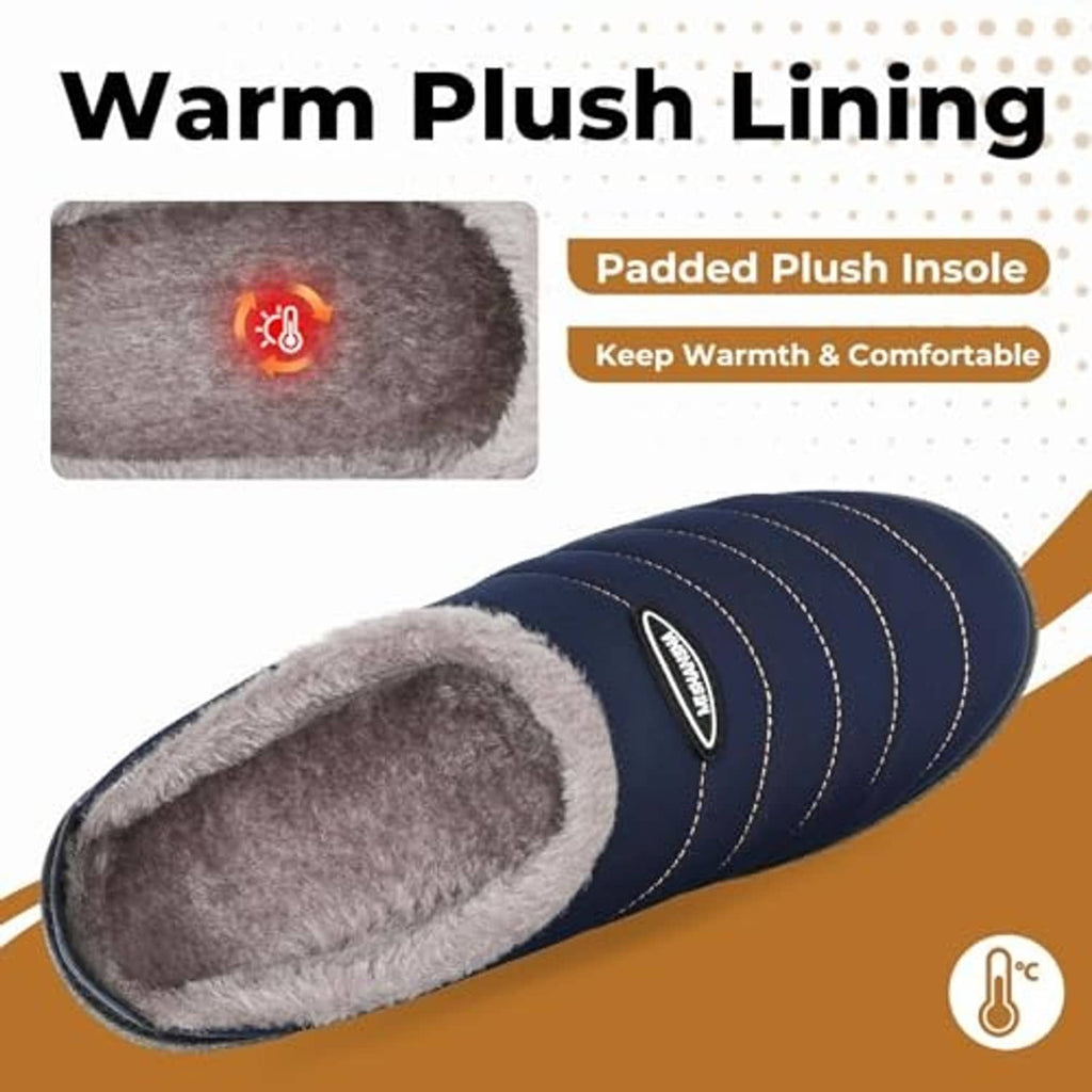 Close-up of dark blue house slipper interior with soft plush faux-fur lining
