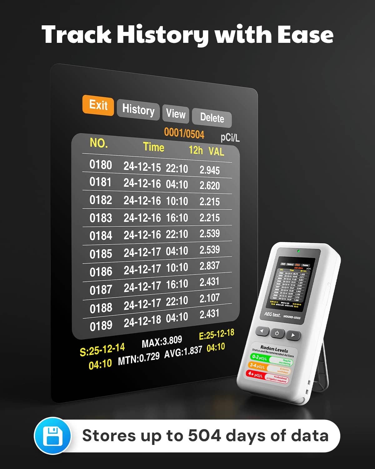 White portable radon detector with data history display and graph