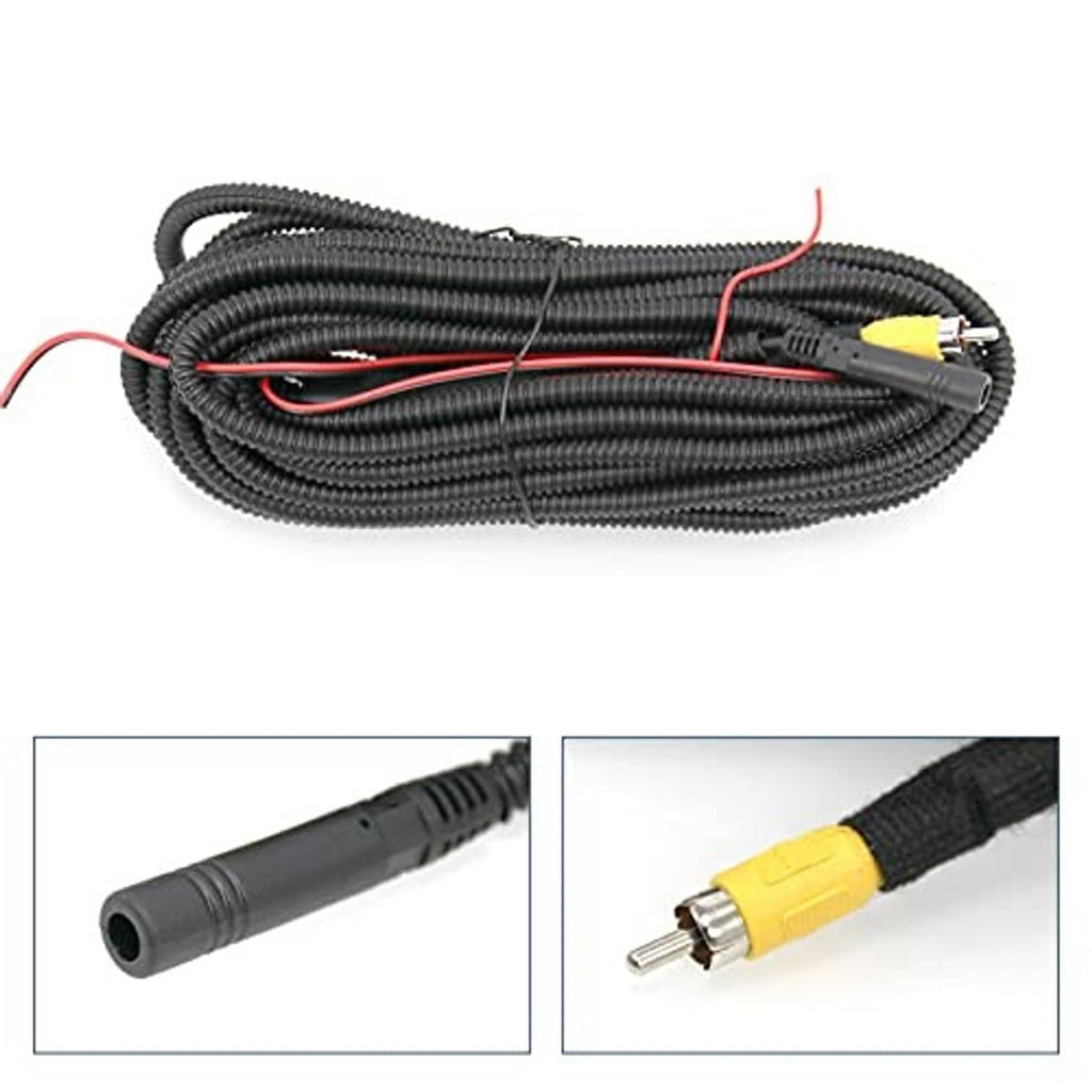 Black wiring harness with red and yellow connectors for rear view camera system