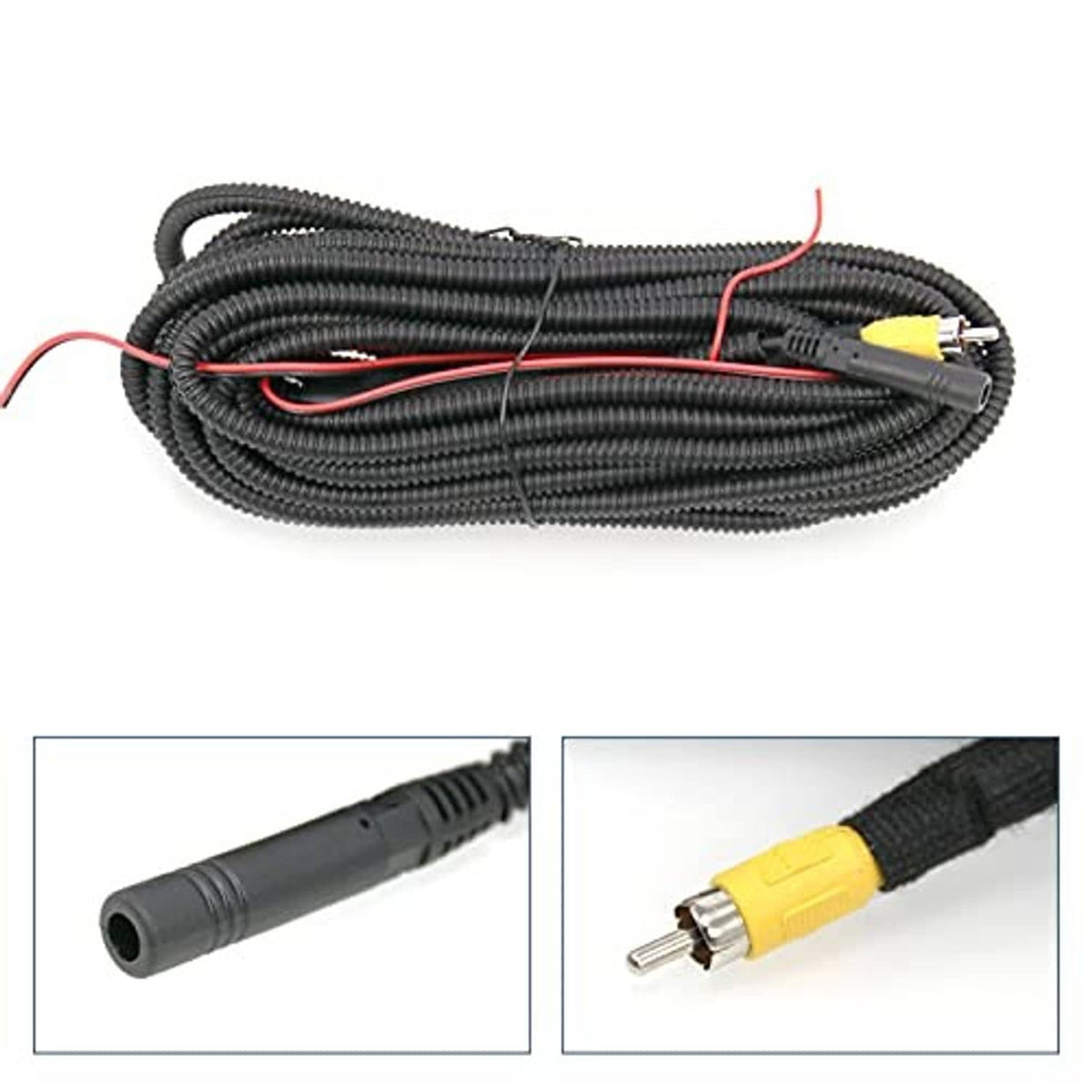Black wiring harness with red and yellow connectors for rear view camera system