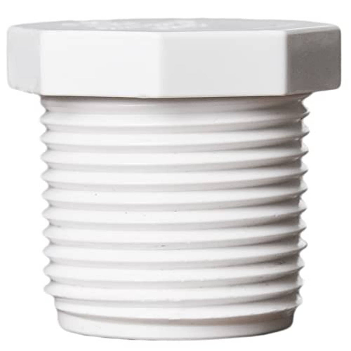 White PVC male threaded cleanout plug drain end cap, close-up of hex rim and threads