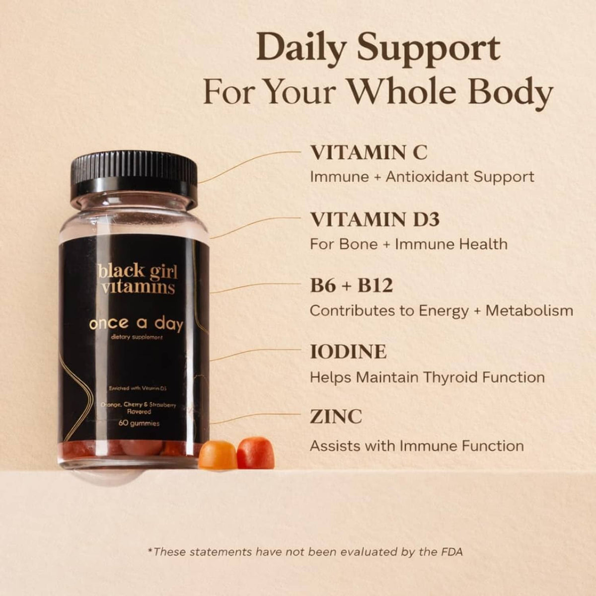Black girl vitamins once a day gummy bottle with body-support nutrient list
