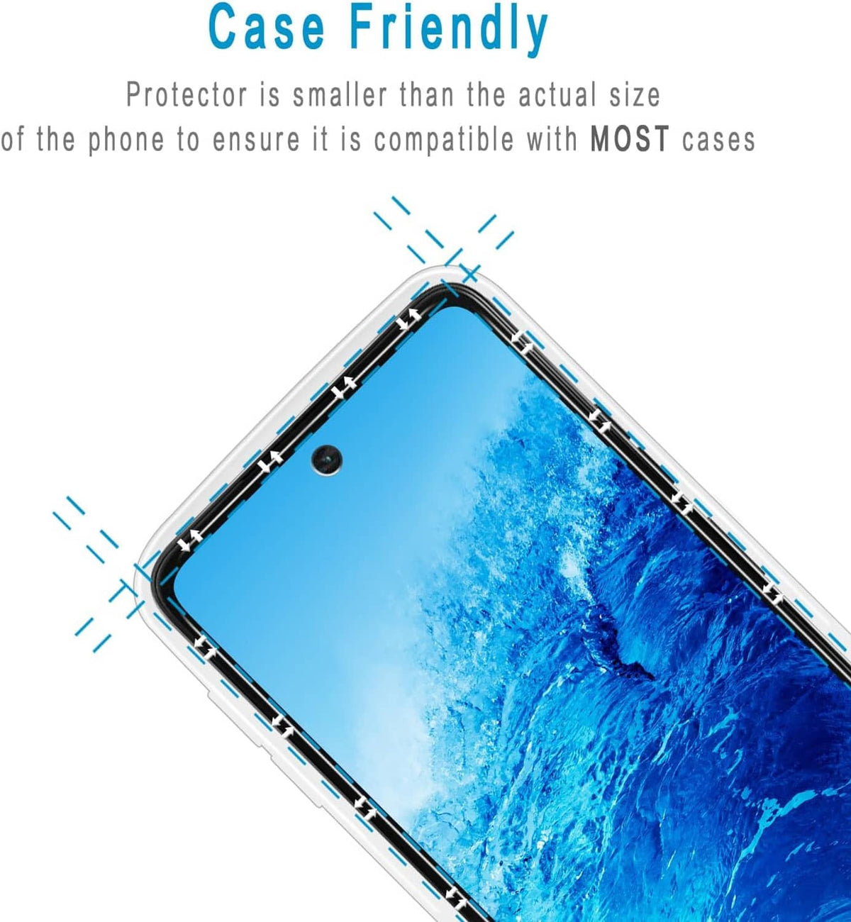 Tempered screen protector with case-friendly fit around the phone edges