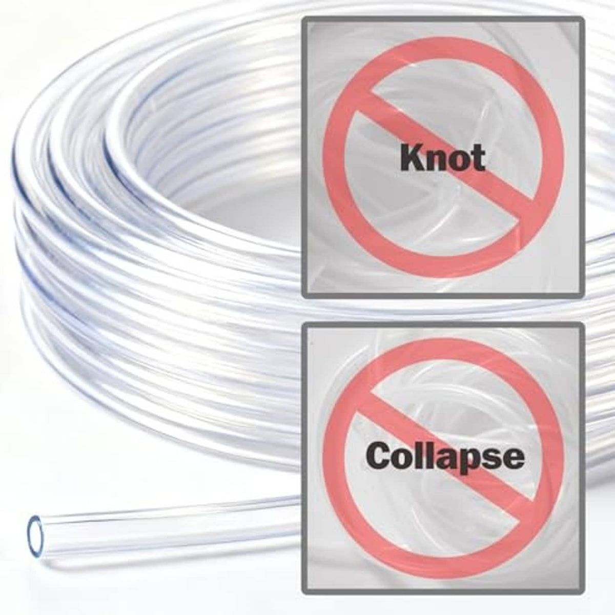Clear PVC tubing coil with anti-kink/anti-collapse icons, transparent flexible tube