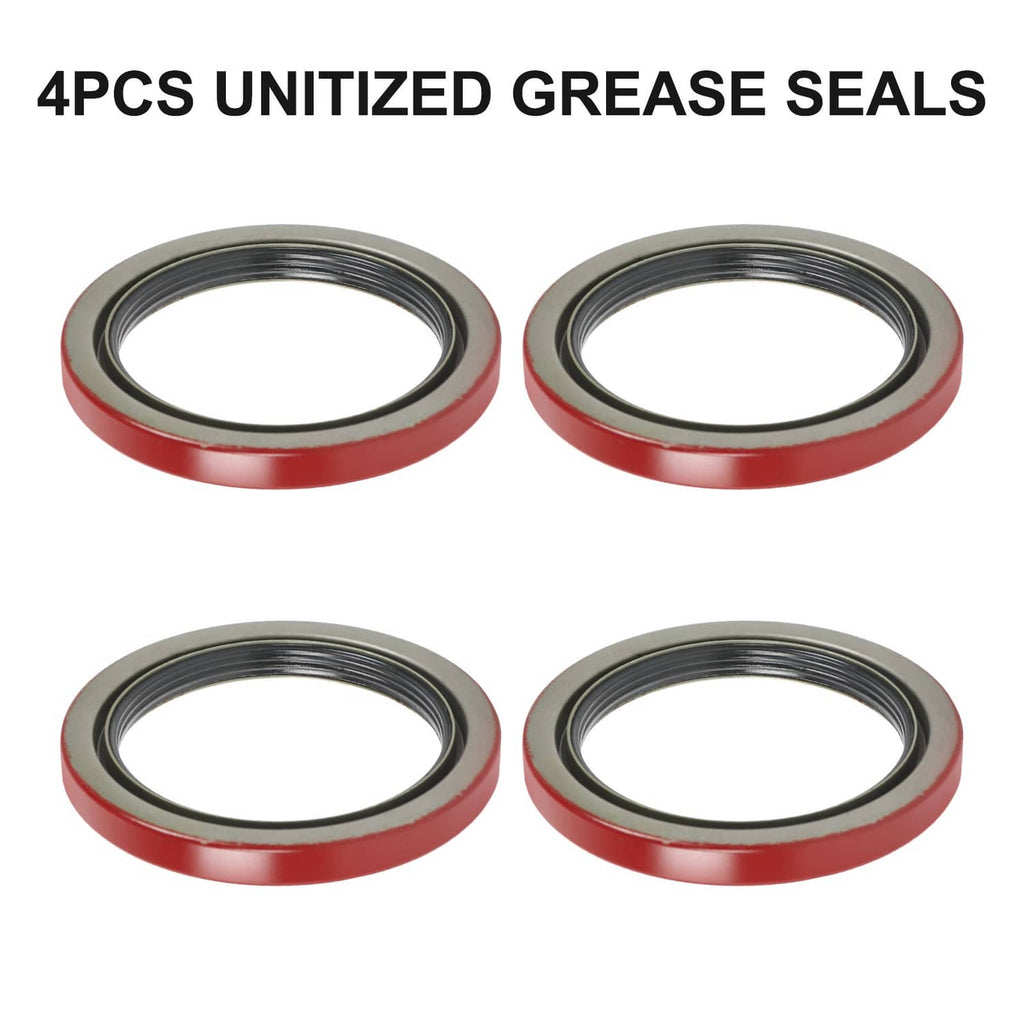 Set of 4 oil seals with red rubber outer and black metal rings, front view