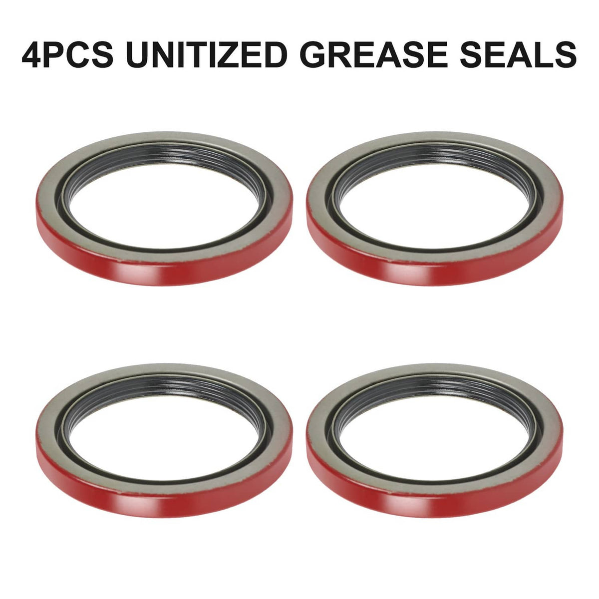 Set of 4 oil seals with red rubber outer and black metal rings, front view