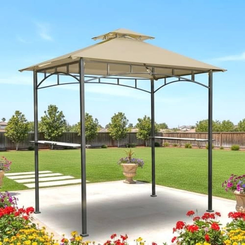 Beige gazebo canopy top cover on metal frame with arched supports