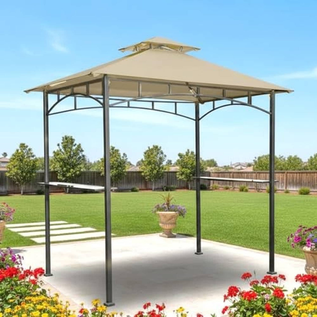 Beige gazebo canopy top cover on metal frame with arched supports